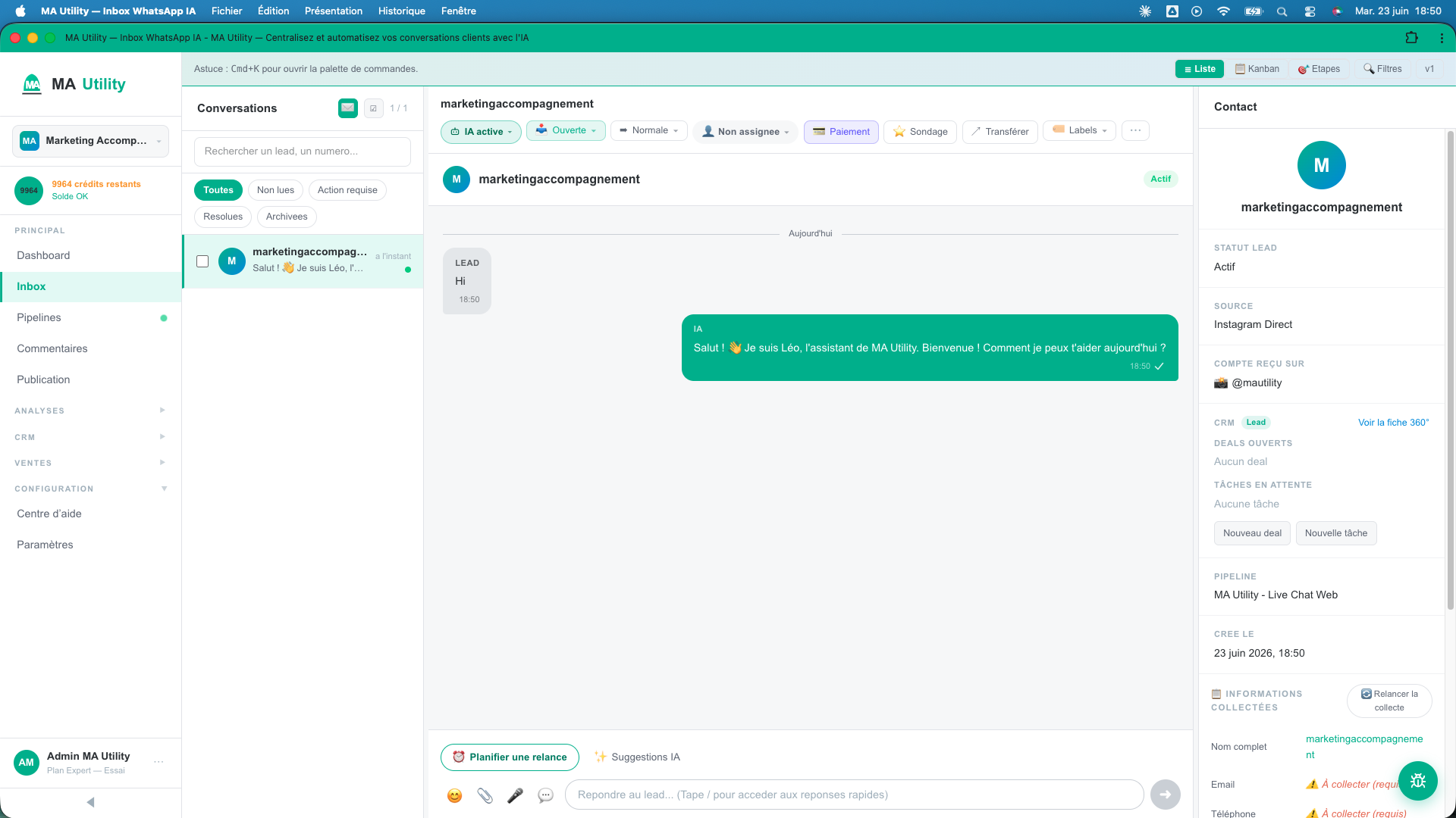 L'inbox de MA Utility en vue Liste, une conversation ouverte (liste, fil de messages, fiche contact)